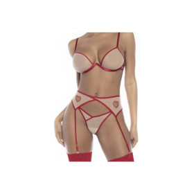 Ensemble lingerie sexy trois pièces chair et rouge 